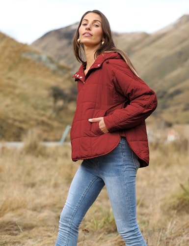 Freyhem Women's Burgundy Puffer Jacket: Lightweight Quilted Dolman Sleeve with Hood for Ultimate Winter Comfort - Image 3