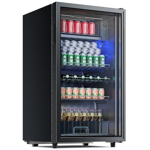 TRIUMPHKEY Getränkekühlschrank, 85 Liter getränkekühlschränke mit blauer LED-Beleuchtung, mit Ganzglas-Tür Bierkühlschrank, mit 3 Einlegeböden und Flaschenregal für Soda/Bier/Wein