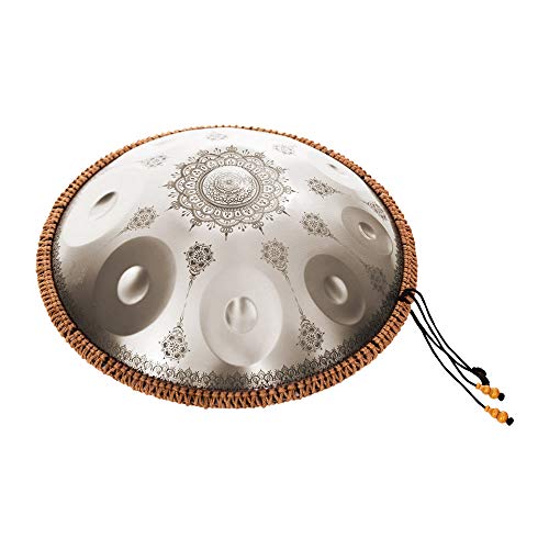 Rantoloys Mini Handpan Steel - Tambor de mano en tono C, 9 notas, 40,6 cm, instrumento de percusión, de acero aleado con soporte de mano de ratán tejido, diseño carvado dorado Cover