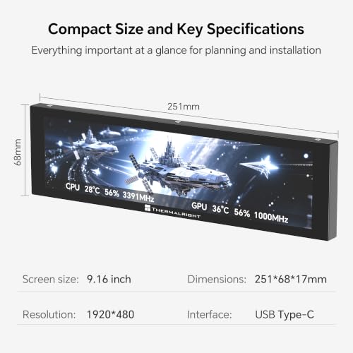 Image of TR Trofeo Vision 9.16in LCD PC Sensor Panel, 1920x480 USB-C, Black | 1920x480 display for real-time CPU, GPU, RAM and FPS stats, GIF playback and clean desktop PC case builds