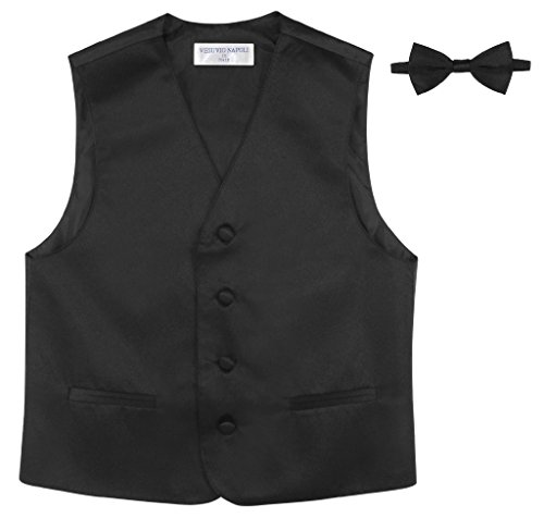 BOY'S Dress Vest & BOW Tie Solid BLACK Color BowTie Set