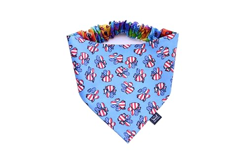 Patriotic Scrunchie Dog Bandana – Handmade Reversible Red, White & Blue Pet Scarf – 4th of July Dog Accessory – Elastic Bandana for Small, Medium & Large Dogs (XX-Large, Patriotic Paws)