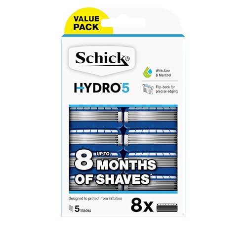 Schick - Hydro 5 for Men | Razor Blade Refills | 8 Pack | Hydrating Gel Pools | Aloe & Menthol | 5 Blade Cartridges with Skin Guards