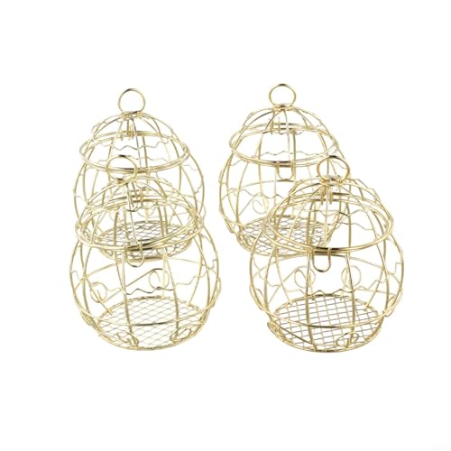 Zilimontt 4 comederos de metal para pájaros con cadenas colgantes para bolas de sebo, diseño chapado en oro resistente al óxido para jardín y uso al aire libre, ideal para atraer la vida silvestre y