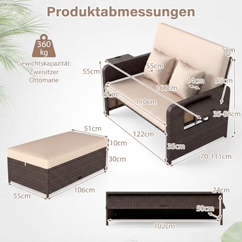 COSTWAY Sofa do salonu z rattanu, meble do salonu na świeżym powietrzu, sofa ogrodowa z funkcją leżania, 2-osobowa salonowa sofa z poduszkami i bocznymi stolikami, meble ogrodowe z polirattanu, meble