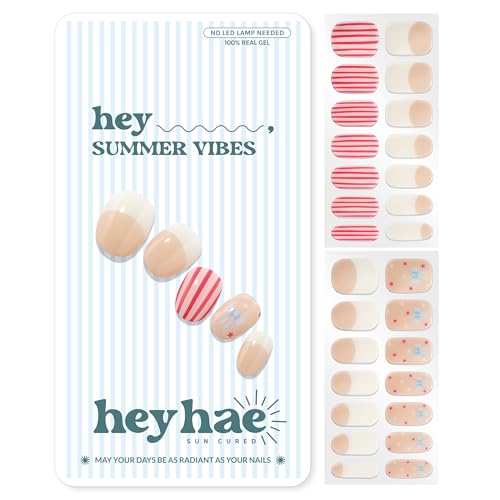 Heyhae Semi Cured Gel Nail Strips | No LED Lamp Needed | Beige, French | Easy Apply & Remove, Salon Quality | Includes 28 Strips, 2 Prep Pads, Nail File & Wooden Stick - Hey, Summer Vibes