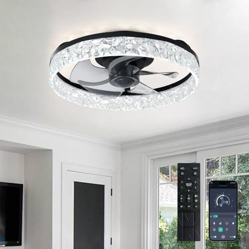 Depuley Ventiladores de techo de 16 pulgadas con luz: Ventilador de techo empotrado LED con control mediante aplicación - Luz regulable para ventilador de dormitorio - Negro