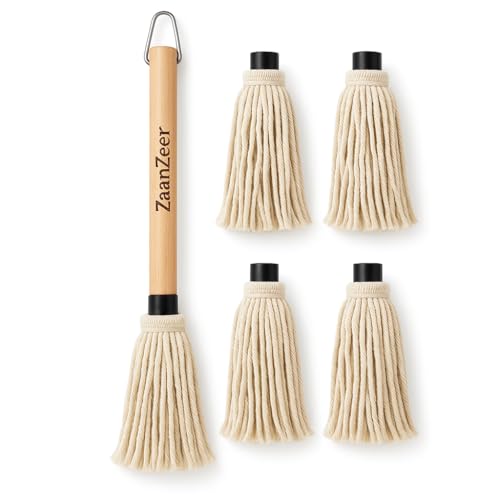 ZaanZeer BBQ Mop Brush with 4 Replaceable Cotton Heads – 18" Extra-Long Wooden Handle Grill Basting Mop for Barbecue Sauces, Marinades & Butter – Professional Pitmaster Basting Brush