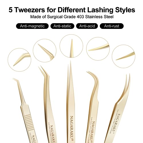 NAGARAKU Professional Eyelash Extension Tweezers, Precision Tip Stainless Steel Lash Tool Straight & Curved for Individual & Volume for Salon & Personal Use, 5 PCS Tweezers Set Easy Fanning with Case by NAGARAKU - Used condition - US$30.96