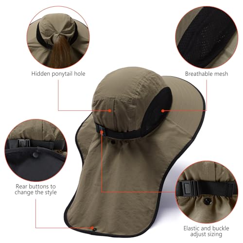 Image of BASSDASH UPF 50+ Unisex Water Resistant Wide Brim Sun Hat with Large Neck Flap Ponytail Fishing Hat for Men Women