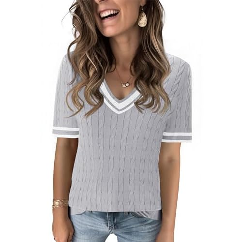 Kistore Womens Short Sleeve Sweaters V Neck Cable Knit Pullover Tops Summer Lightweight Sweater Shirts Blouses 2026 B-gray White XX-Large
