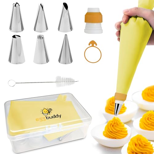 Egg Buddy Deviled Egg Piping Tool Reusable Piping Bag and Tips Set 9 Piece Silicone Piping Bag Decorator & Filler Kit for Perfect Party Appetizers (Yolk Yellow)