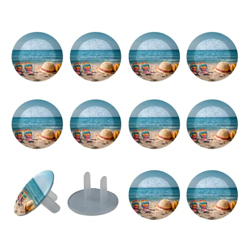 12 Pack Flip Flops and Hat Ball on the Sand Child Proof Outlet Covers, Electrical Safety Socket Protection Caps for 2-Prong Power Wall Plates