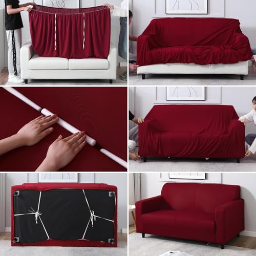 Image of HOKIPO 140 GSM Sofa Cover 5 Seater Elastic Stretchable Sofa Slipcover Protector, Maroon (NEW-AR-4277-E4*2 + AR-4279-E4)