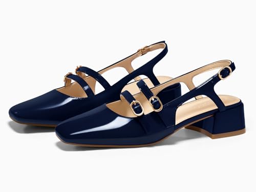 Image of Coutgo Women's Mary Jane Chunky Low Heels Slingback Pumps Closed Square Toe Wedding Dress Shoes