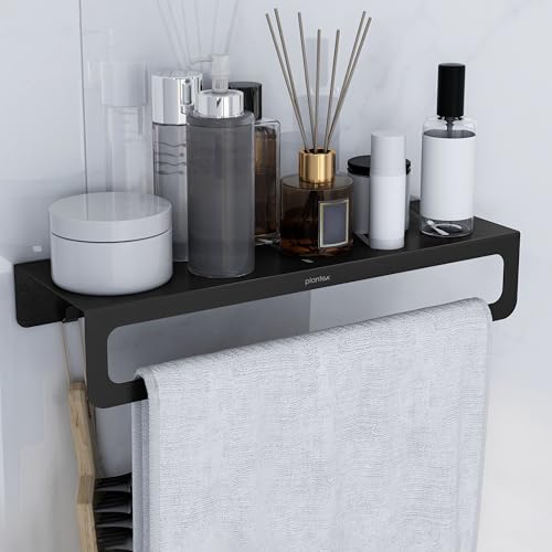 Image of Plantex Alloy Steel No Drill Bathroom Organiser /Self Adhesive Wall Mount Multipurpose Shelf /Rack /Towel Rod /Hooks for Bathroom - Pack of 1 (15 x 5 Inch, Black)