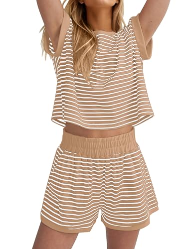 Image of Burtell Women Summer 2 Piece Lounge Sets Striped Short Sleeve Tee Shirts Mini Shorts Loungewear Shorts Set Ribbed Pajama Set