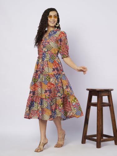 Image of PIDAVLIYA'S Women Cotton Printed Midi Dress with V Neck & Puff Sleeves | Flared A-Line Casual Summer Dress | Stylish Knee Length One Piece for Daily