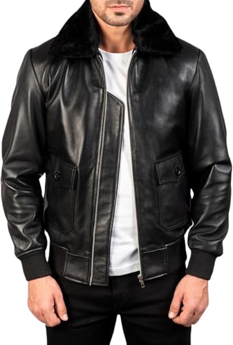 Mens Fur Collar Leather Jacket - Aviator Bomber Leather Jacket - Winter Bomber Black Lambskin Leather Jacket