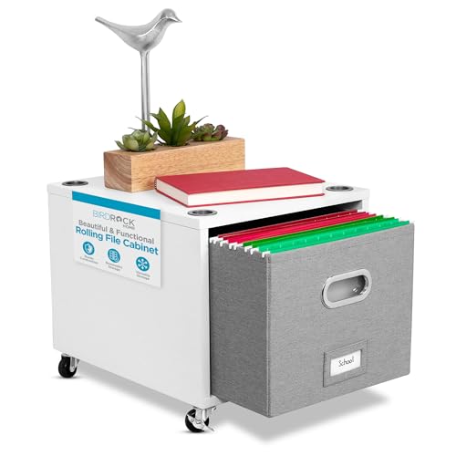 BIRDROCK HOME Rolling File Cabinet – Decorative Storage Shelf w/Removable Bins, Handles, and...