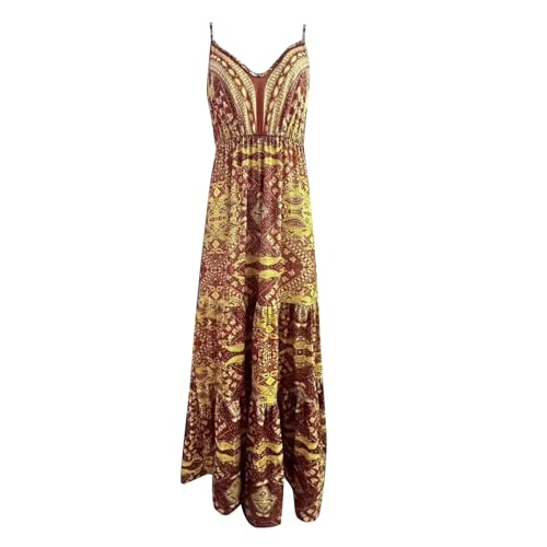 Boho- Maxikleid mit Blumenmuster, ärmellos, hochtailliert, mit, für den den Strand (Yellow, S)-4
