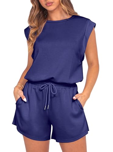 GRECERELLE Rompers For Women 2025 Summer Cap Sleeve Adjustable Drawstring Waistband Cozy Lounge Short Jumpsuit With Pocket