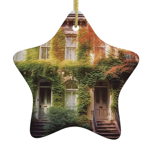 Arbre de Noël en céramique à suspendre - Maisons de ville feuillues - Ornement de Noël pentangle avec ruban doré en forme d'étoile - Décorations à suspendre pour les vacances
