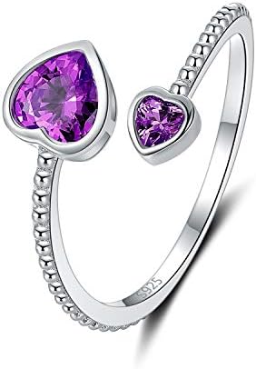 February Birthstone Ring S925 Sterling Silver Jewelry Gift for Teen Girls Daughter Women - Adjustable Heart Promise Knuckle Rings Band with Purple Heart Stone - Constellation Birthday Thanksgiving Day Christmas Valentine's Day Party Graduation Gifts Jewelry