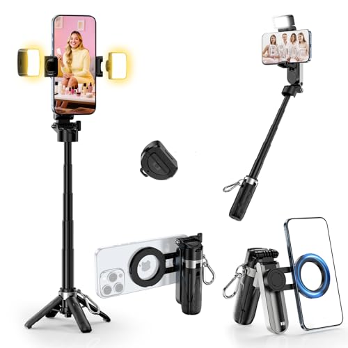 CloudValley Trípode Selfie Stick Magnético Mini con 2 Luces LED, Palo 4 en 1 de Bolsillo para Teléfono Móvil, Rotación 360°, Soporte Plegable con Mando Bluetooth para iPhone Android Video Foto