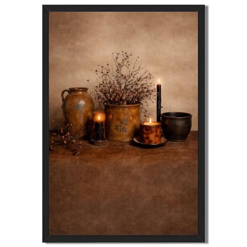 Rustic Candle and Pottery Still Life Canvas Wall Art, Vintage