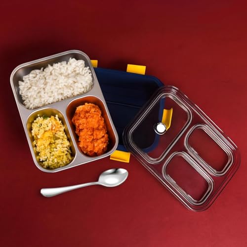 Image of KAVANA Lunch Box 3 Compartment Leak-Proof BPA Free Stainless Steel, Lunch Box for Kids, Lunch Box for School & Office with a Fork, a Spoon (Blue), 750 ml (Dark Blue)