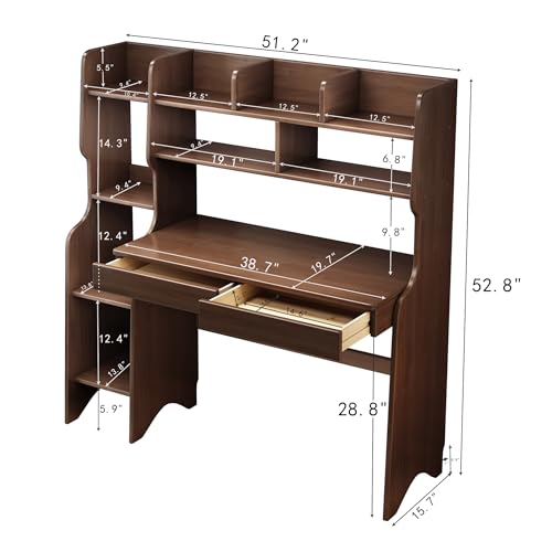 Image of Kids Desk Kids Table with Drawers and Bookshelf Wooden Kids Media Desk Student Learning Computer Workstation and Writing Desk (Brown)