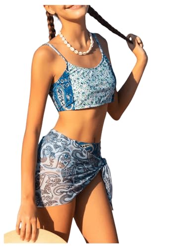 Image of SHENHE Girl's 3 Piece Swimsuit Floral High Waisted Paisley Print Bikini Set with Cover Up Sarong Green 14Y