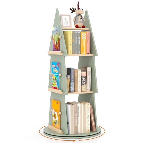 Costzon Kids Rotating Bookshelf, 3-Tier Small Book Shelf w/12 Sectors, 360° Display Spinning Bookshelf Tower, Wooden Revolving Bookcase for Kid's Room, Living Room, Daycare, Small Spaces (Green)
