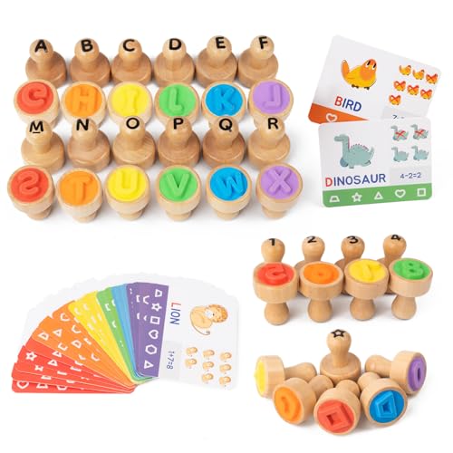 Busy edition Alphabet Number Stamps for Kids Wooden Letter Stamps with Flashcard Math Learning Number Stampers Toddler Arts and Crafts Supplies Montessori Educational Toys for 3 4 5 Year Old