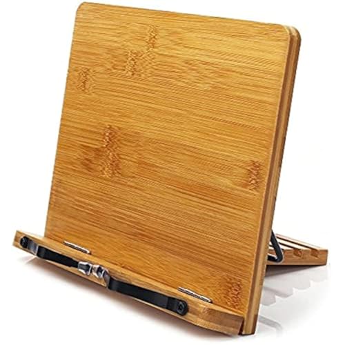 Bamboo Book Stand, Adjustable Holder Tray And Page Paper Clips-Cookbook Reading Desk Portable Sturdy Lightweight Bookstand-Textbooks Books (34 * 24Cm)