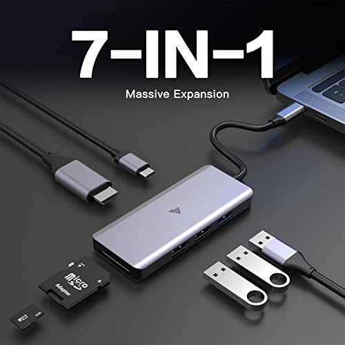 Image of Vaku Luxos USB Hub Type C SENTINEL 7IN1 multiport USB 2.0 /3.0 High-Speed Adapter connector (5GBPS) data transfer Converter Extension, 4K HDMI, SD /TF Card Reader docking station USB A Port Compatible with Macbook Air Pro (M1, M2 etc), iPad Pro Air, Laptop, and Other Type C Mobile & Devices