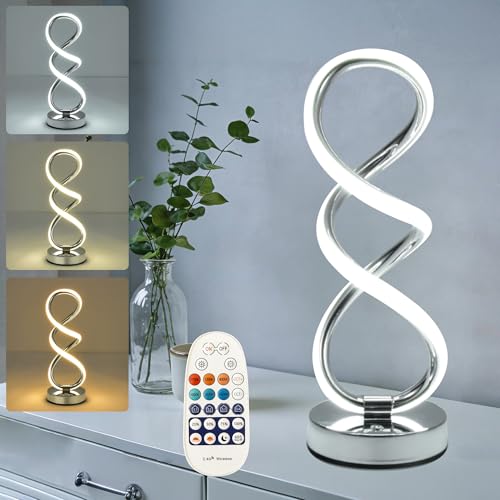 PIRTSDEL Modern Spiral Table Lamp for Bedside Nightstand Touch and Remote Dual Control 3 Color Temperatures and Dimming Modern Design Spiral Shape Led Desk Light Yarra-Decor Nuur Lamps - Silver