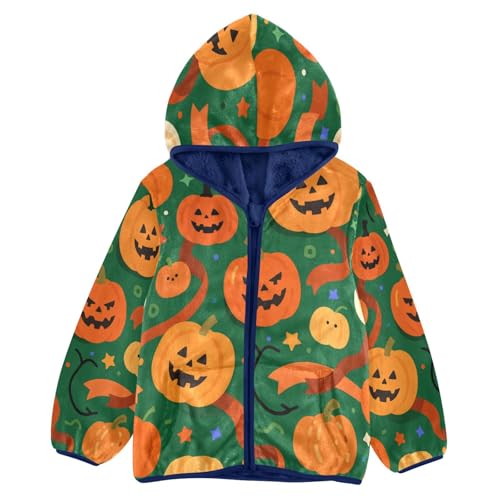 Halloween Pumpkins on Green Background Toddler Fleece Jacket Girl Boys Hooded Fleece Jacket Coat