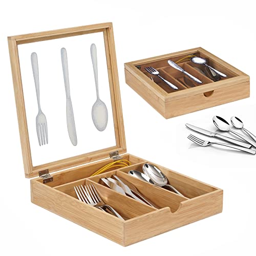 WPAJIRZO Portaposate con coperchio, portaposate con 4 scomparti per cucina o cassetto, portaposate in legno, organizer per posate per cucchiaio, forchetta, coltello