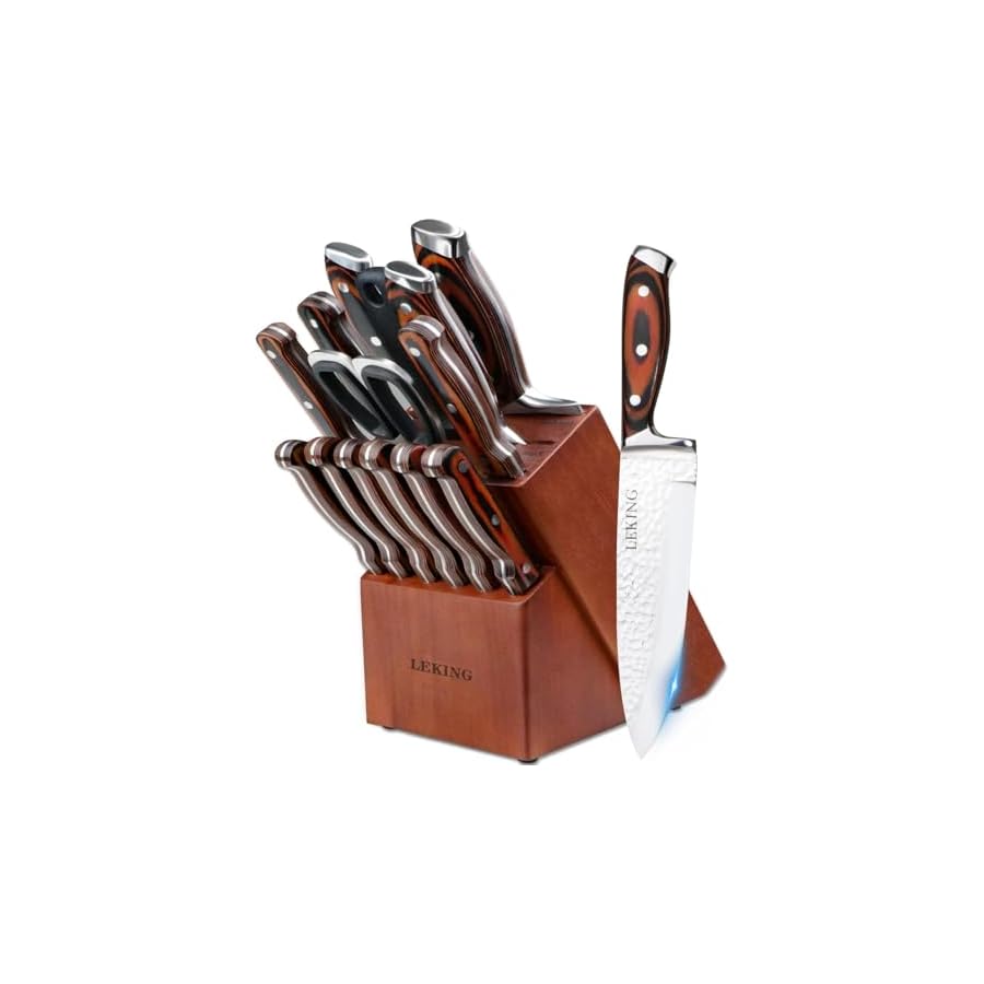 Leking-15-Piece-Block-Knife-Set-with-Wooden-Block-Premium-High-Carbon-Stainless-Steel-Chef-Knife-Set-with-Pakka-Wooden-Handle-Kitchen-Knife-Sets-with-Sharpener-Knives-Set-Scissor-6-Steak-Knives Leking 15-Piece Block Knife Set with Wooden Block, Premium High Carbon Stainless Steel Chef Knife Set with Pakka Wooden Handle, Kitchen Knife Sets with Sharpener, Knives Set, Scissor, 6 Steak Knives