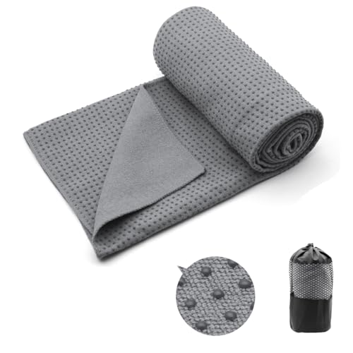 Eunzel Yoga Towel,Hot Yoga Mat Towel with Grip Dots Sweat Absorbent Non-Slip for Hot Yoga, Pilates and Workout 24" x72", Dark Gray