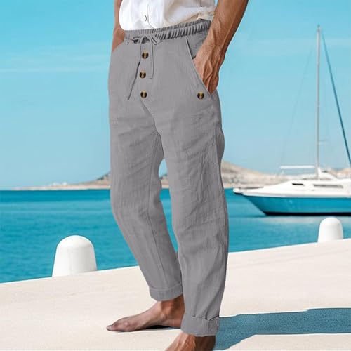 Finelylove Mens Casual Summer Linen Pants Relaxed Fit Button Beach Pants Elastic Waist Drawstring Long Lounge Yoga Trousers3