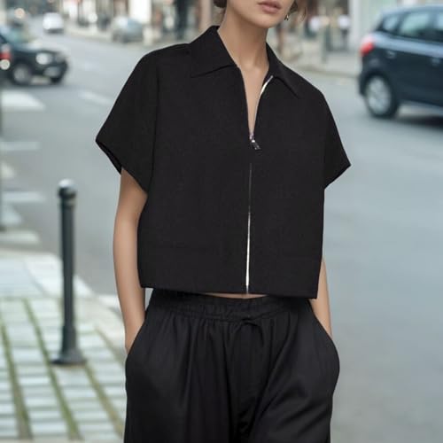 FindThy Women’s Cropped Jacket Trendy Lapel Collar Short Sleeve Solid Color Zip Up Outerwear Coat4
