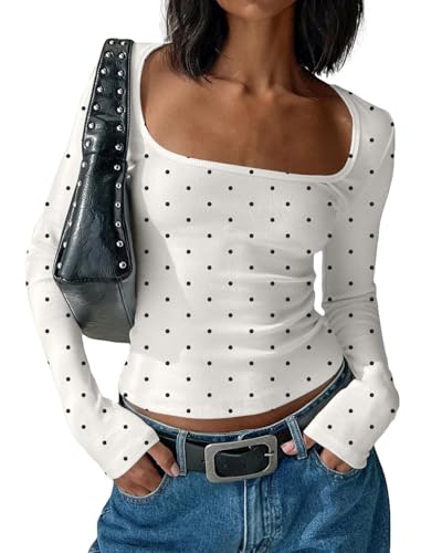 BAIGRAM Women Y2K Polka Dot Long Sleeve Crop Tops-Vintage Boho Scoop Neck Tee Shirt Tight Fit Jersey Tshirt Fall Outfits Black
