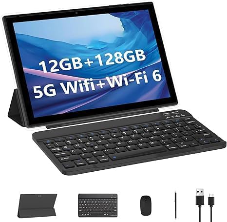 10 inch Tablet, 12GB RAM 128GB ROM Computer Tablets with Keyboard, IPS Screen, 2.4G/5G WiFi 6, Bluetooth 5.0, 1TB Expand with Stylus, Black (Black)