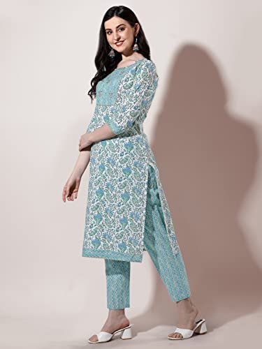 Image of MIRCHI FASHION Pure Cotton Women Straight Print & Thread Embroidery Kurti Set with Dupatta & Pant