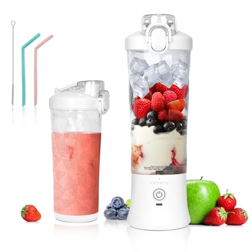 Portable Blender, VKYOZVA Personal Blender for Shakes and Smoothies, 240W with 6 Stainless-Steel Blades,USB Rechargeable Cup Travel Lid 2 Straws And Brush Home, Outdoor White