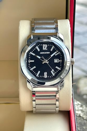 Image of AMERICANVIBER Men's Stainless Steel Watch, White Textured Dial, Analog Quartz Movement, Date Display, Water-Resistant, Silver Tone Bracelet for Men