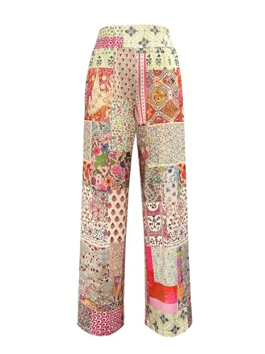 Milumia Women's Boho Patchwork Pants Summer Elastic High Waisted Loose Wide Leg Pants2